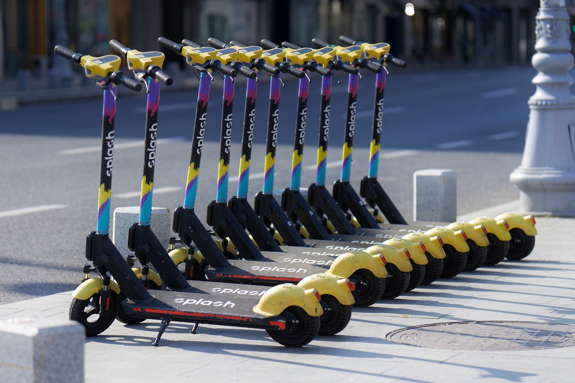 A row of electric scooters